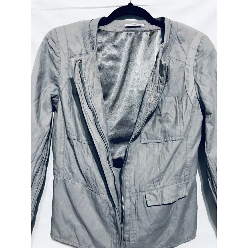 T Tahari Womens Small Gray Zip Jacket Wrinkled Cotton Metallic Boho
